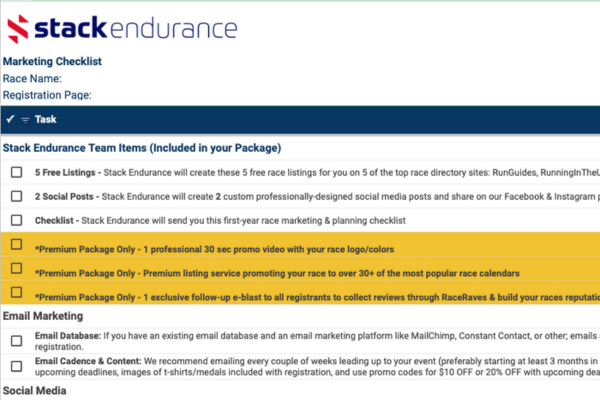 example marketing checklist for stack endurance race marketing packages